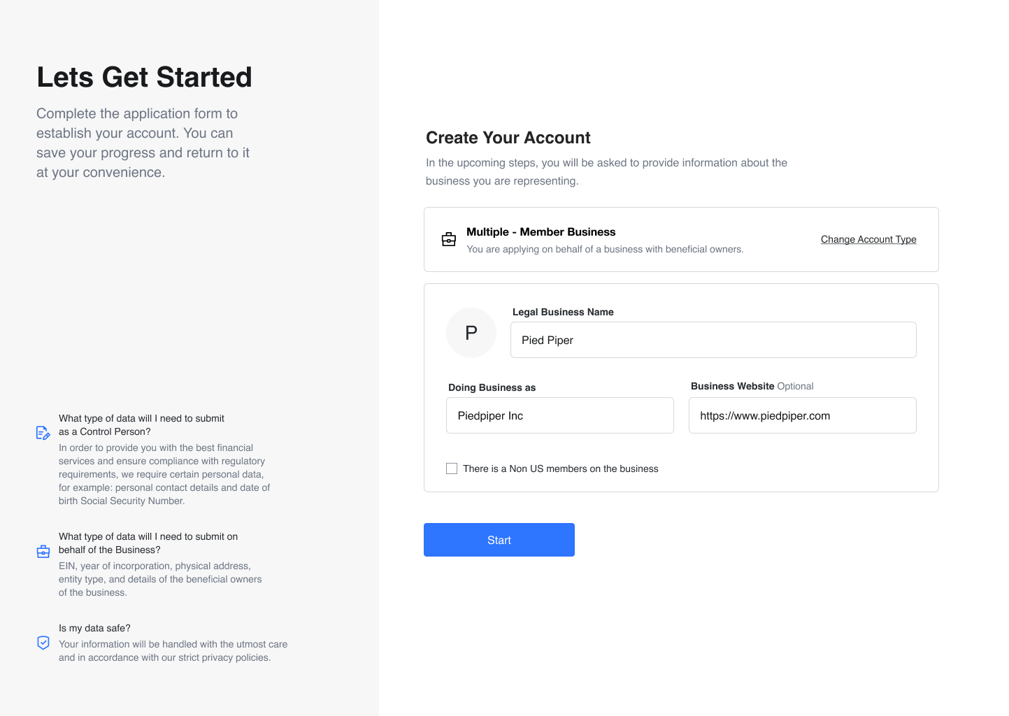 Create Your Account — banking application form with pre-filled business details